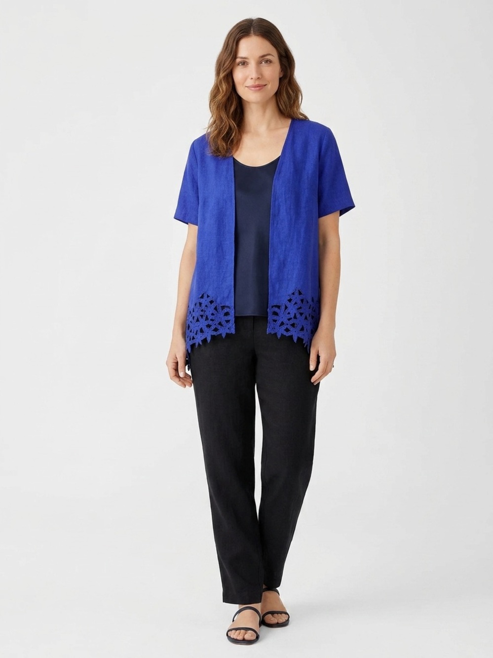 Citi Dress Vintage Open Front Lace Hem Top - Blue